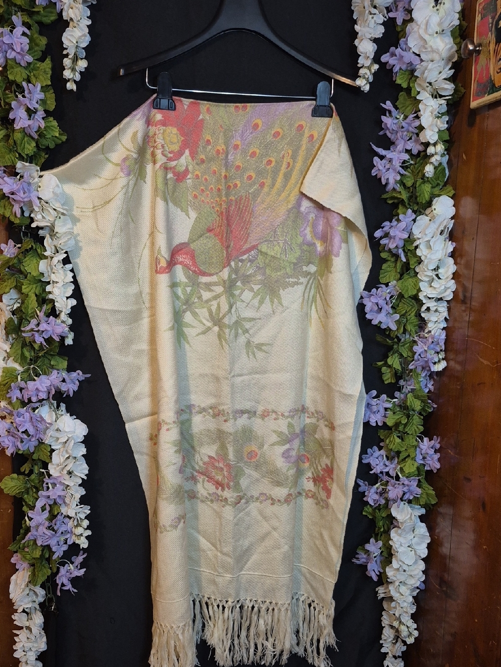 Ivory Fringe Shawl with Colorful Peacock Motif